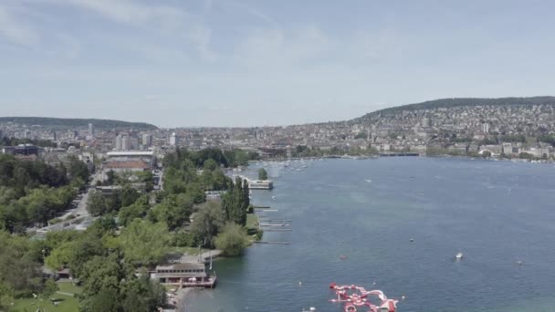 Ongesorteerde Drone Luchtfoto Van Zurich City Waterfront Zwitserland — Stockvideo