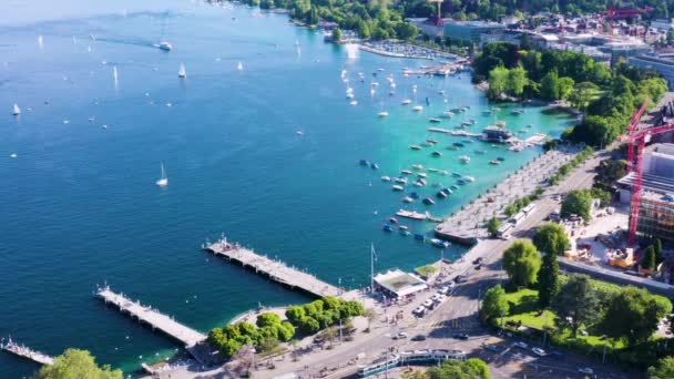 Drone Flygbild Över Zürich City Waterfront Schweiz — Stockvideo