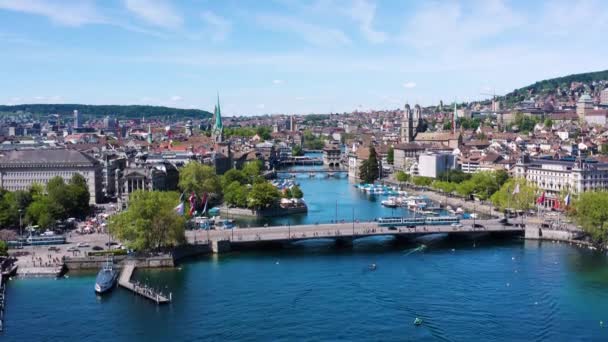 Drone Aerial View Zurich City Waterfront Switzerland — Stock Video