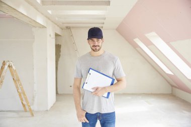 Pano inşaatı yerinde dururken elinde tutan genç tadilat işçisi. 