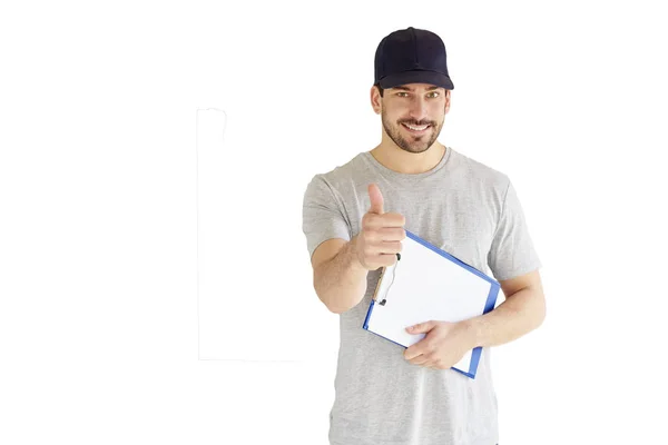 Retrato Joven Trabajador Construcción Sosteniendo Portapapeles Mano Dando Pulgares Hacia — Foto de Stock