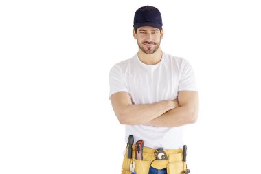 Düşünme genç tamirci kopya alanı ile izole beyaz arka plan ayakta portresi. 