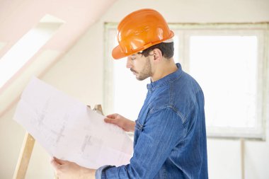 Evde çalışırken ele bir plan sahip genç bir mühendis portresi.