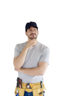 Portre gelen genç adamdır duran çenesini izole beyaz arka plan kopya alanı ile üzerinde el ile düşünceli arıyorum. 