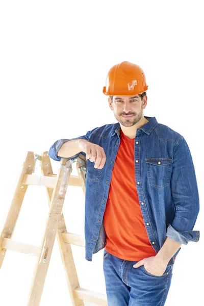Portrait Handsome Young Handyman His Ladder Standing Isolated White Background — Stock Photo, Image