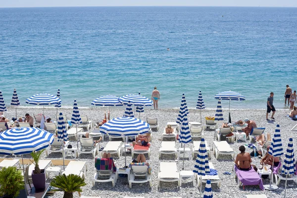 Nice France May 2018 View Umbrellas Lounge Chairs Blue White — Stock Photo, Image