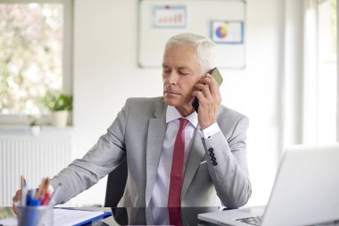 Smartphone içinde office çalışma laptop süre konuşurken çift üst düzey iş adamı