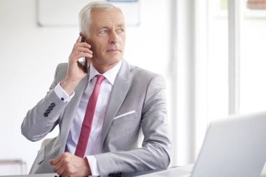 Smartphone içinde office çalışma laptop süre konuşurken çift üst düzey iş adamı