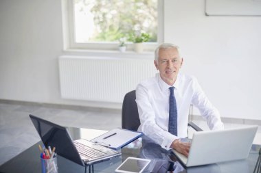 Çift üst düzey işadamı, ofis büro dizüstü bilgisayarlar arkasında poz