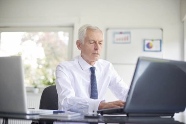 Ofis masası, dizüstü bilgisayar üzerinde çalışan ve yeni projede çalışan üst düzey iş adamı