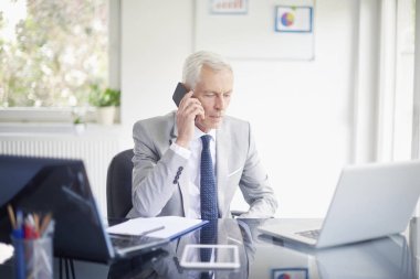 Smartphone içinde office çalışma laptop süre konuşurken çift üst düzey iş adamı