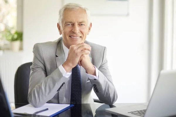 Executive Senior Businessman Posing Office Desk Laptops — Stock Photo, Image