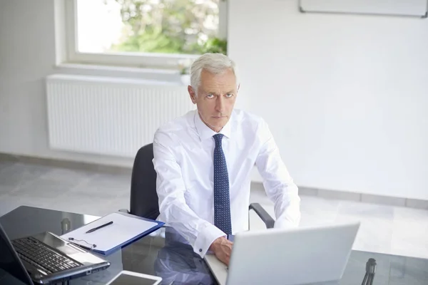Executivo Empresário Sênior Posando Mesa Escritório Atrás Laptops — Fotografia de Stock