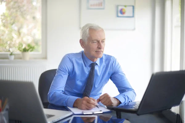 Handsome Senior Businessman Doing Some Paperwork Sitting Office Desk Working — Stock Photo, Image