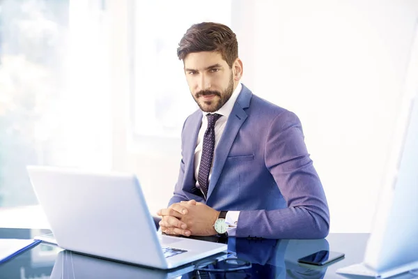 Portrait of executive financial advisor businessman wearing suit and tie while sitting at office desk and working on laptop