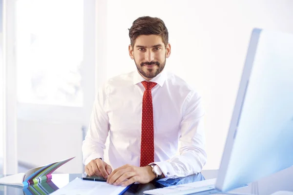 Portrait of young businessman looking at camera and smiling while sitting behind his computer in the office and working on business plan.
