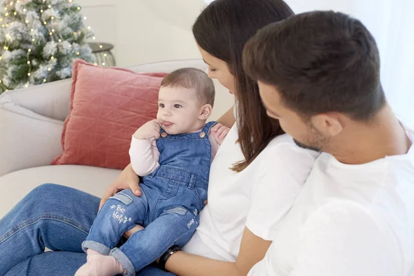 Happy Young Family Sitting Sofa Baby Girl Enjoy Each Other — Stock Photo, Image