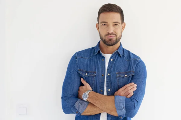 Close Portrait Handsome Young Man Looking Camera Smiling While Wearing — Stock Photo, Image