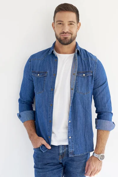 Studio Portrait Shot Handsome Young Man Standing Isolated White Background — Stock Photo, Image