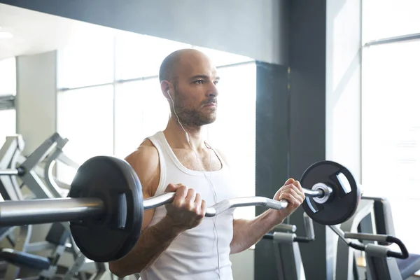 Close Man Gym Doing Dumbbell Exercises Listening Music While Create — Stock Photo, Image