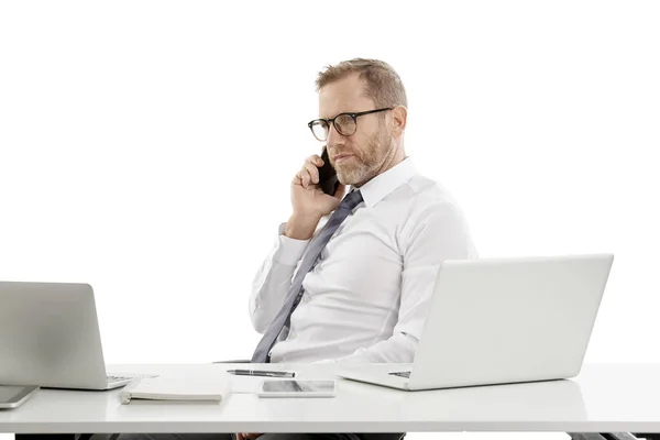 Portrait Middle Aged Businessman Looking Thoughfully While Sitting Desk Making — Stock Photo, Image