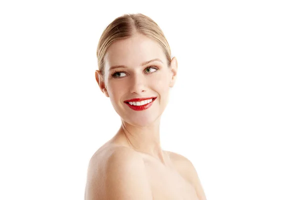 Szczegół Portret Pięknej Młodej Kobiety Czerwoną Szminkę Blond Włosy Ciosem — Zdjęcie stockowe