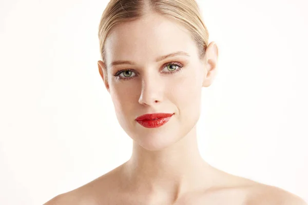 Retrato Cerca Una Hermosa Joven Con Lápiz Labial Rojo Cabello —  Fotos de Stock