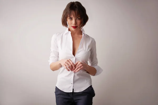 Studio Portrait Shot Attractive Woman Wearing White Shirt Red Lipstick — Stock Photo, Image