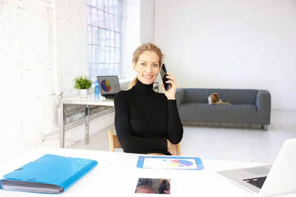 스웨터를 사업가의 사무실 책상에 앉아서 그녀의 전화에 누군가와 이야기 — 스톡 사진
