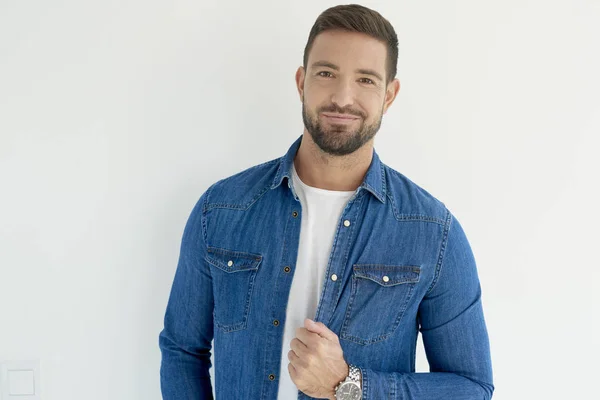 Studio Portrait Happy Man Wearing Casual Clothes While Standing Isolated — Stock Photo, Image