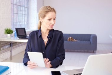 Profesyonel iş kadını dijital tablet üzerinde çalışan Offi