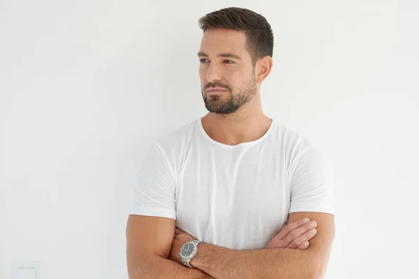 Portrait Handsome Young Man Standing Arms Crossed Isolated White Background — Stock Photo, Image