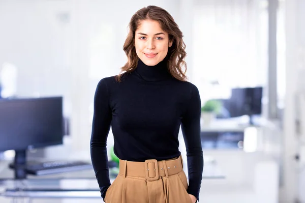 Shot Beautiful Young Business Woman Standing Office While Looking Camera — Stok Foto