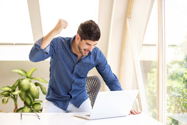 Cheerful businessman celebrating with his arm raised in the air while standing at a desk in his home office and working on a laptop. Home office.