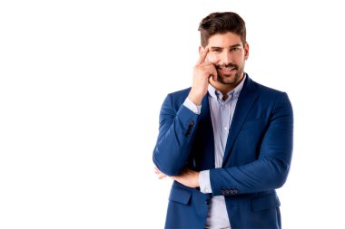 İzole edilmiş beyaz arka planda duran iş adamının yakın çekim görüntüleri. Boşluğu kopyala.