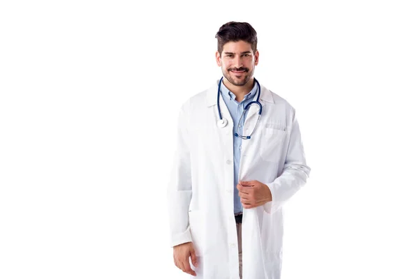 Retrato Del Médico Masculino Mirando Cámara Mientras Está Pie Fondo — Foto de Stock