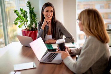Takım çalışması ve işbirliği konsepti. Toplantı odasında dizüstü bilgisayarda birlikte çalışan iki bayan meslektaşım. Bir grup iş adamı tartışıyor.. 