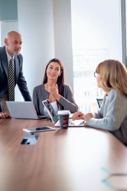 Takım çalışması ve işbirliği konsepti. Toplantı odasında dizüstü bilgisayarda birlikte çalışan bir erkek ve iki bayan iş arkadaşı. Bir grup iş adamı tartışıyor.. 