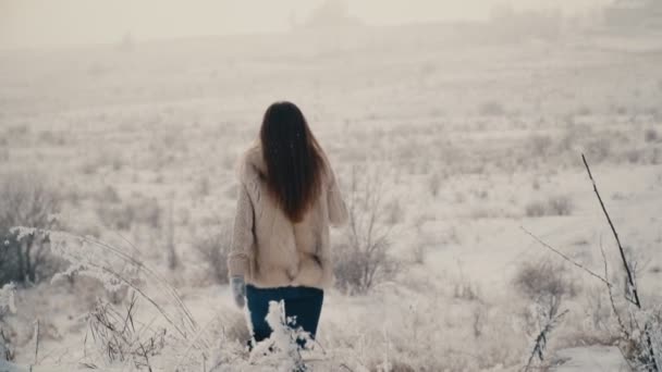 Vacker flicka gå på snöiga vägen — Stockvideo