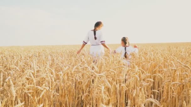 Mamma e bambino stanno attraversando un grano — Video Stock