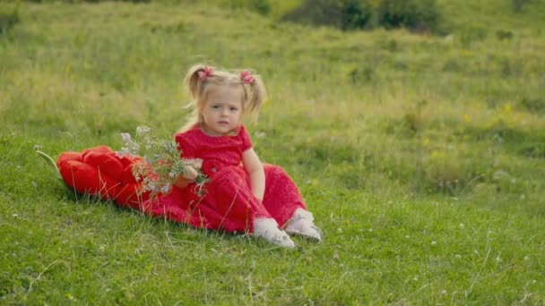 Маленькая девочка в красном платье — стоковое видео