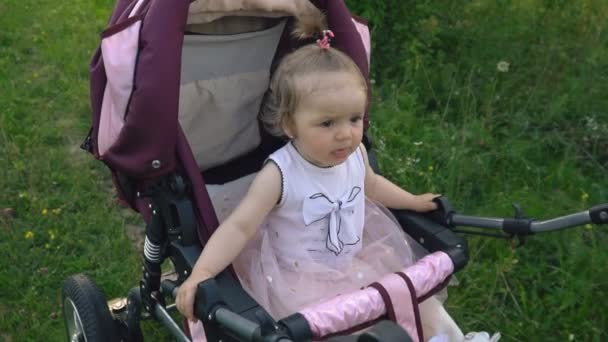Küçük kız bir bebek arabası tesisi — Stok video