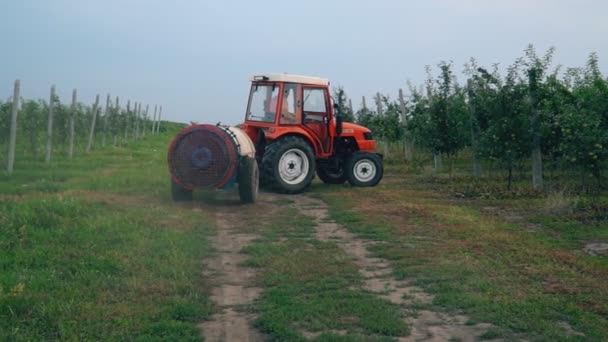 Pulverización del manzano con un tractor — Vídeos de Stock