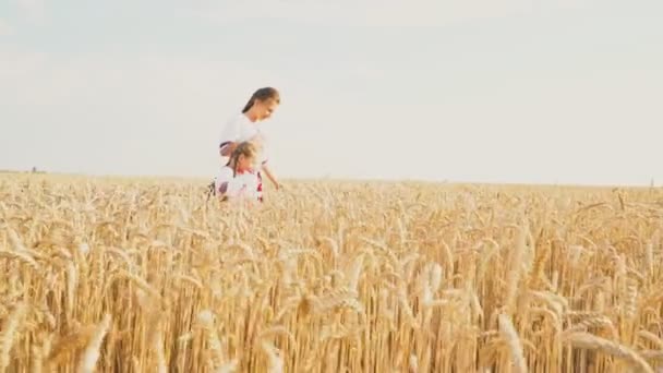 Mamá y el bebé están pasando por un trigo — Vídeos de Stock