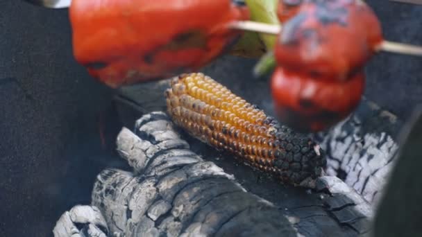 Cocinar maíz en llamas — Vídeo de stock