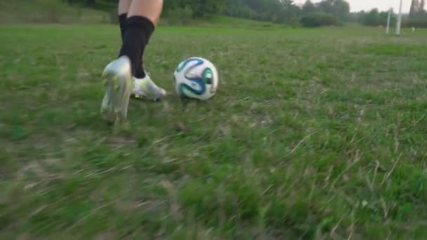 Patear al jugador de fútbol en la pelota en el gol — Vídeo de stock