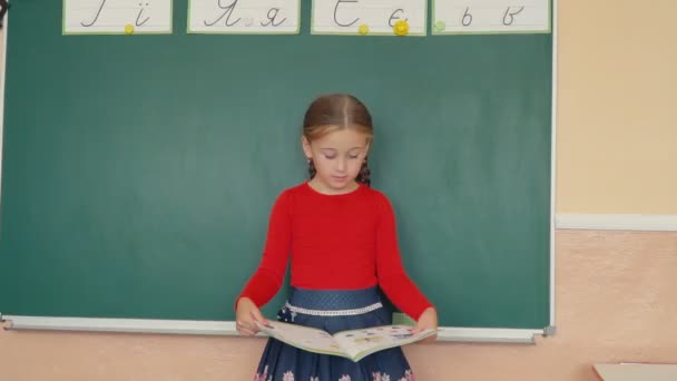 Das Mädchen steht neben der Tafel — Stockvideo