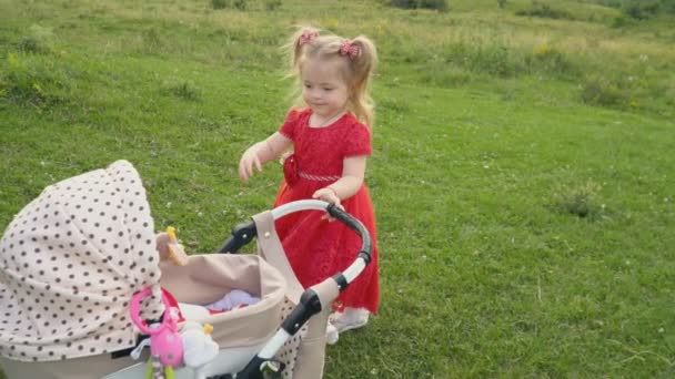 Kleines Mädchen mit Kinderwagen — Stockvideo