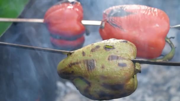 Cooking pepper on fire — Stock Video