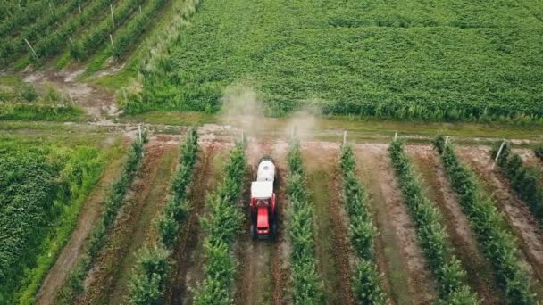 Appelboom, spuiten met een trekker — Stockvideo